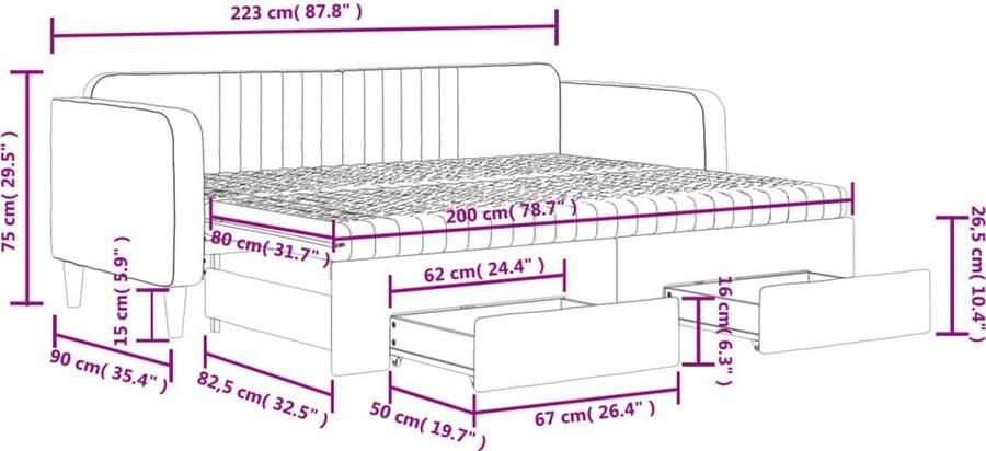 VidaXL Blauwe fluwelen slaapbank met onderschuifbed 80x200 cm Slaapbank Sofa Bed Tweepersoonsbed Fluweelsofa Lounge Meubilair Multifunctionele Bank Compact Bed Guest Bed Opslagrad
