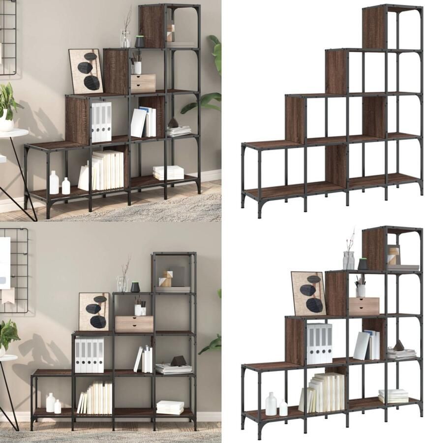 VidaXL Boekenkast 122x30x132 cm bewerkt hout en metaal bruin eiken Boekenkast Boekenkasten Boeken Plank Schappenkast