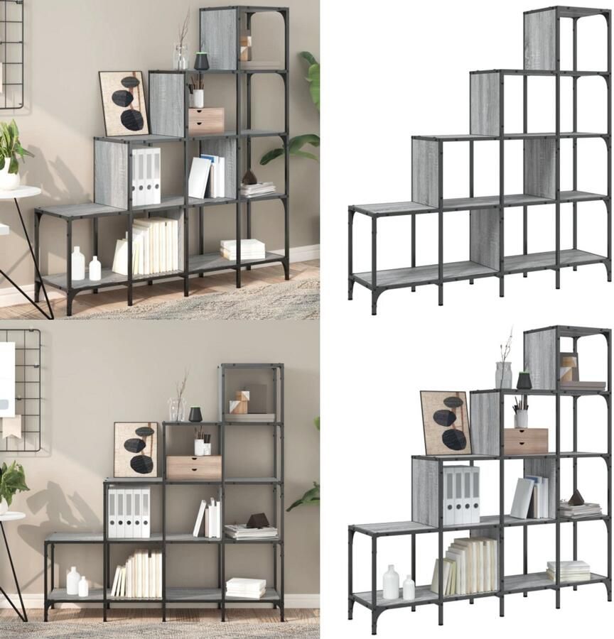 VidaXL Boekenkast 122x30x132 cm bewerkt hout en metaal grijs sonoma Boekenkast Boekenkasten Boeken Plank Schappenkast