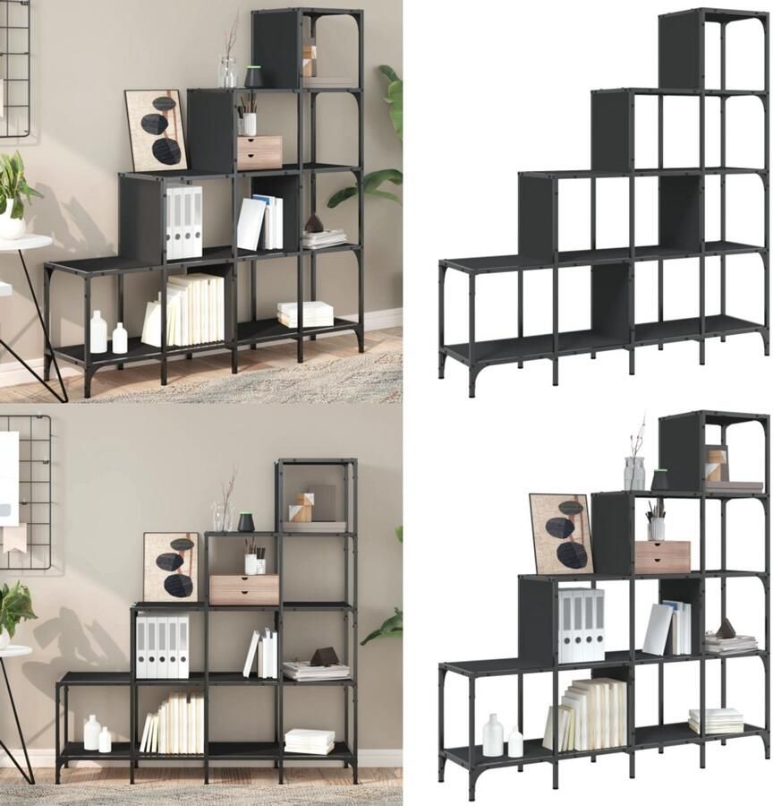 VidaXL Boekenkast 122x30x132 cm bewerkt hout en metaal zwart Boekenkast Boekenkasten Boeken Plank Schappenkast