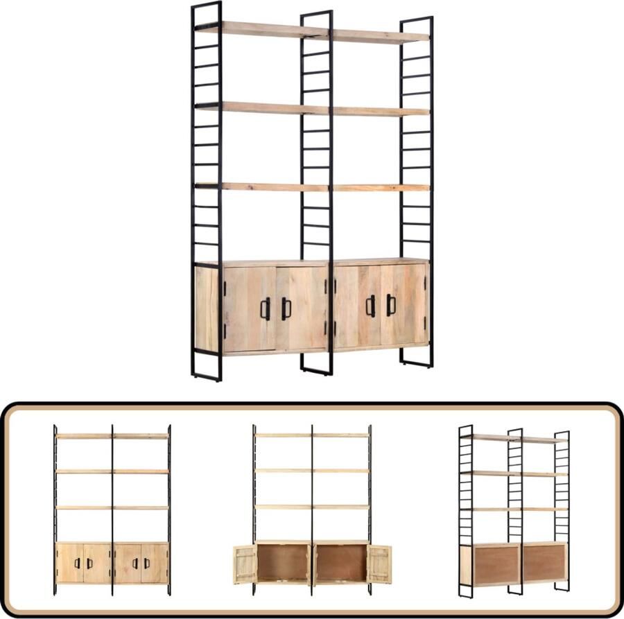 The Living Store Boekenkast Retro Industrieel 124x30x180cm Massief mangohout Gepoedercoat ijzeren frame Boekenkast Industriele Meubels Mangohouten Boekenkast Vintage Boekenkast Bibliotheekkast