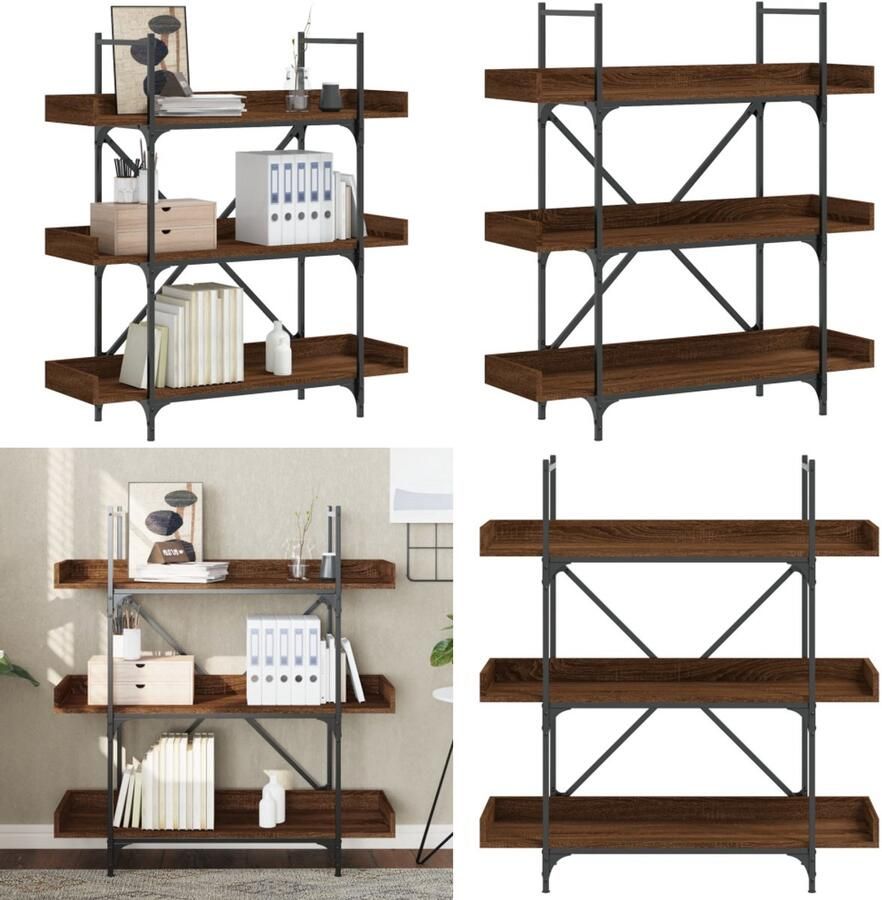 VidaXL Boekenkast 3-laags 100x33x108 5 cm bewerkt hout bruineikenkleur Boekenkast Boekenkasten Boeken Plank Schappenkast