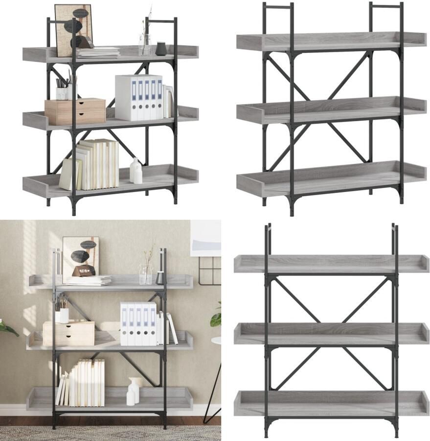 VidaXL Boekenkast 3-laags 100x33x108 5 cm bewerkt hout grijs sonoma Boekenkast Boekenkasten Boeken Plank Schappenkast