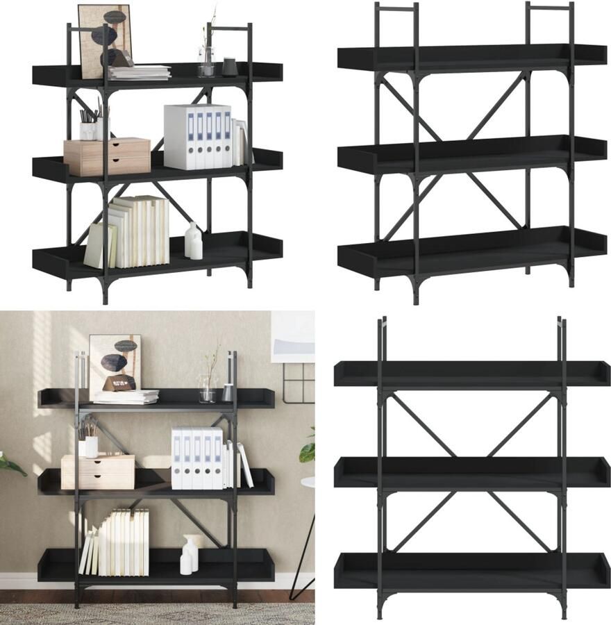 VidaXL Boekenkast 3-laags 100x33x108 5 cm bewerkt hout zwart Boekenkast Boekenkasten Boeken Plank Schappenkast