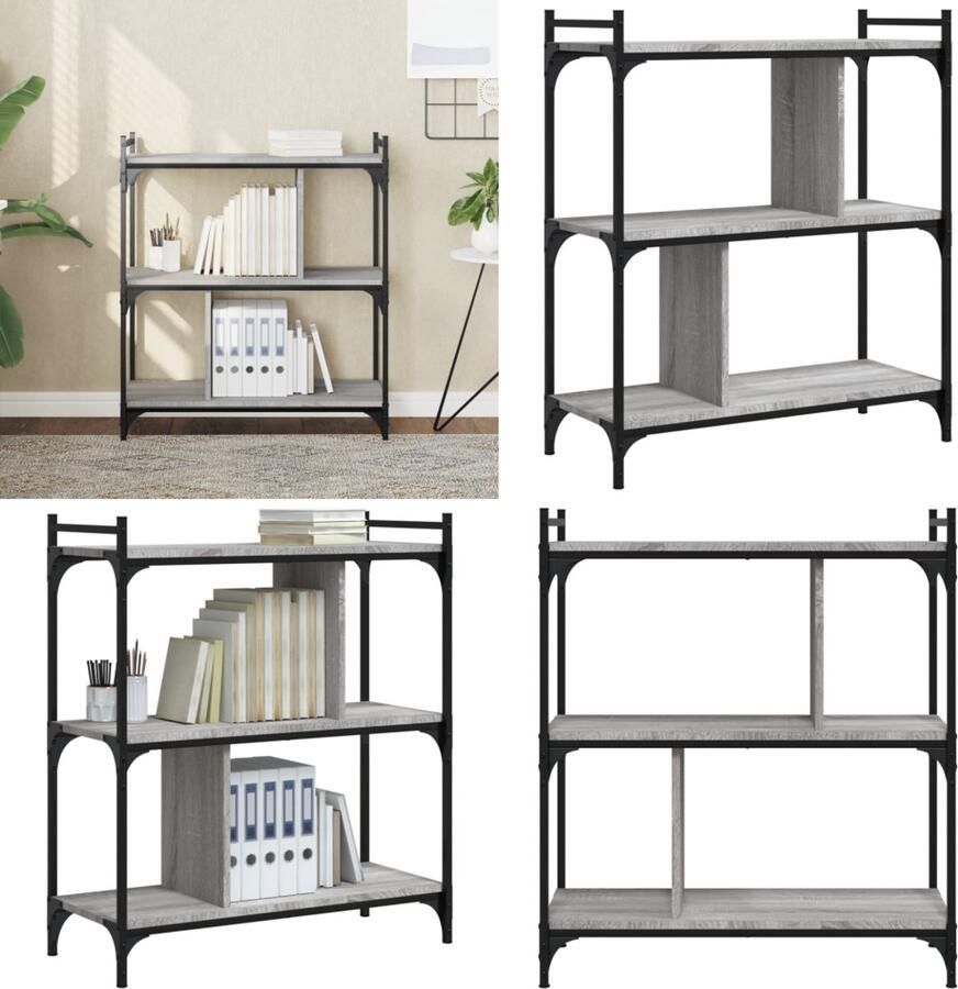 VidaXL Boekenkast 3-laags 76x32x88 cm bewerkt hout grijs sonoma Boekenkast Boekenkasten Boeken Plank Schappenkast