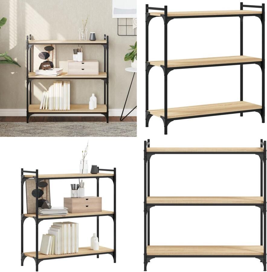 VidaXL Boekenkast 3-laags 80x30x86 cm bewerkt hout sonoma eikenkleurig Boekenkast Boekenkasten Boeken Plank Schappenkast