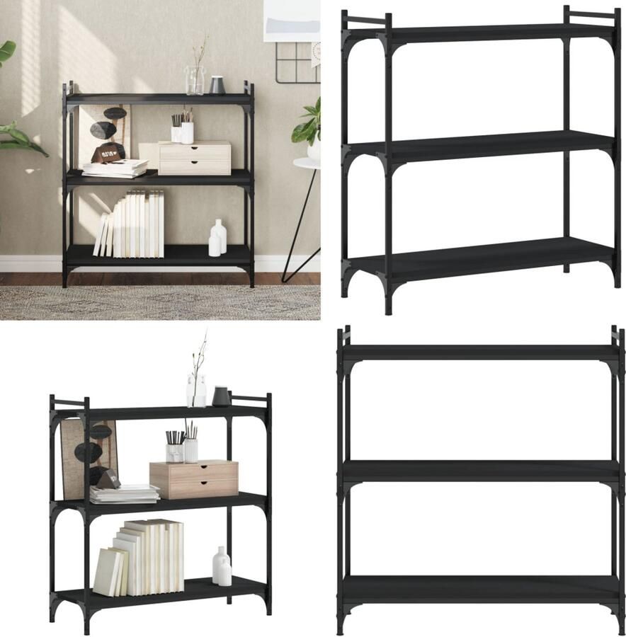 VidaXL Boekenkast 3-laags 80x30x86 cm bewerkt hout zwart Boekenkast Boekenkasten Boeken Plank Schappenkast