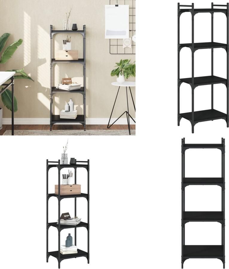 The Living Store Boekenkast 4-laags 40x30x120 cm bewerkt hout zwart Boekenkast Houten Boekenkast Industriele Boekenkast Zwarte Boekenkast Boekenplank - Foto 3