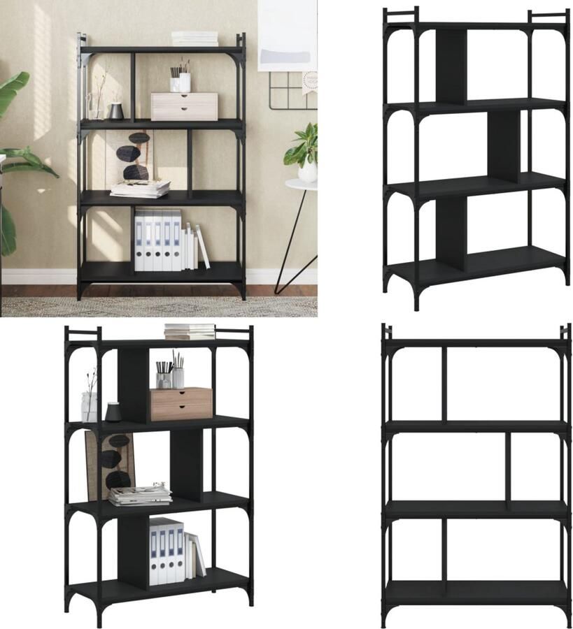 VidaXL Boekenkast 4-laags 76x32x123 cm bewerkt hout zwart Boekenkast Boekenkasten Boeken Plank Schappenkast