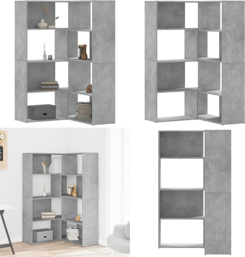 VidaXL Boekenkast 4-laags hoek 85x85x140 cm bewerkt hout betongrijs Hoekboekenkast Hoekboekenkasten Hoekkast Boekenkast