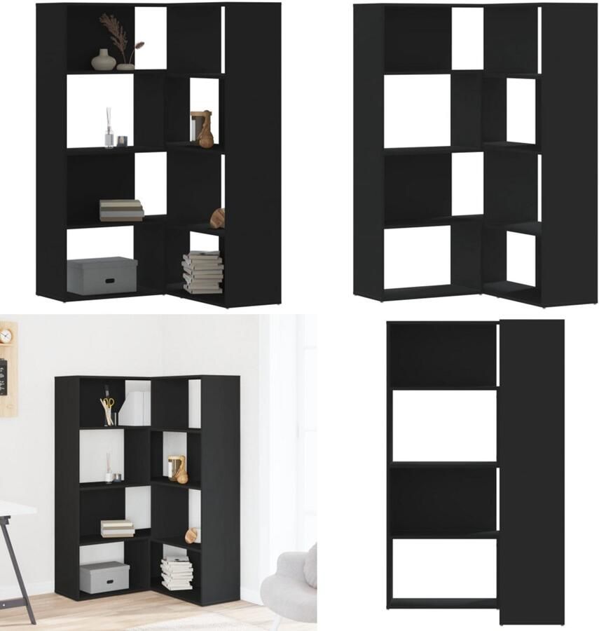 VidaXL Boekenkast 4-laags hoek 85x85x140 cm bewerkt hout zwart Hoekboekenkast Hoekboekenkasten Hoekkast Boekenkast