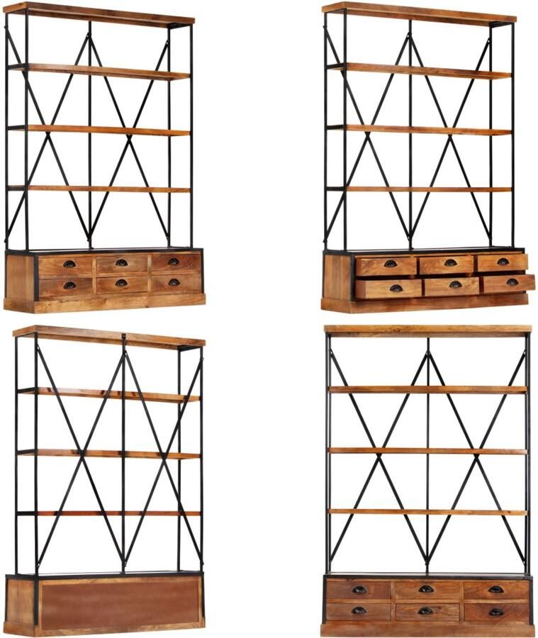 VidaXL Boekenkast 4-laags met 6 lades 122x36x181 cm massief mangohout Boekenkast Boekenkasten Boekenplank Boekenplanken