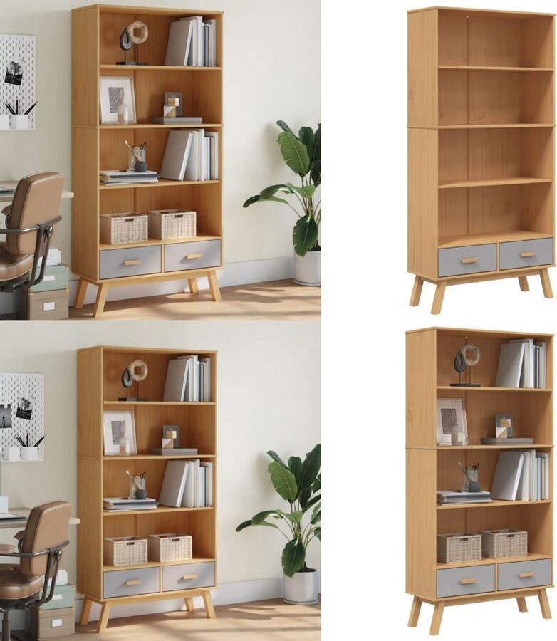 The Living Store Boekenkast 4-laags OLDEN massief grenenhout grijs en bruin Boekenkast Scandinavisch Design Grenenhout Vintage Bibliotheek - Foto 3