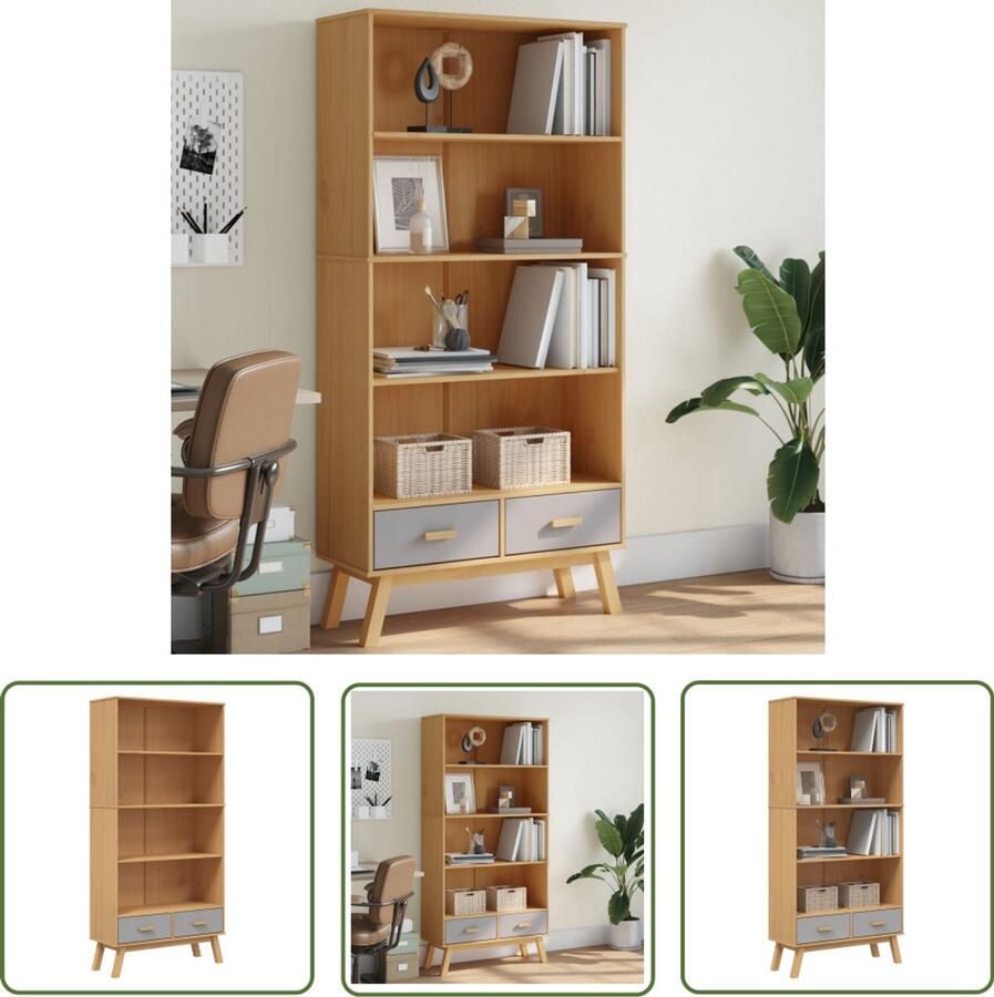 The Living Store Boekenkast 4-laags OLDEN massief grenenhout grijs en bruin Boekenkast Scandinavisch Design Grenenhout Vintage Bibliotheek - Foto 2