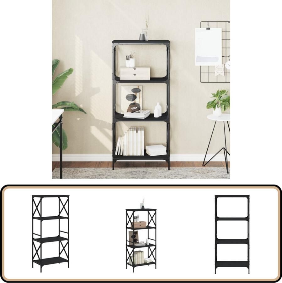 The Living Store Boekenkast 4-laags 59x35x132 cm bewerkt hout zwart Boekenkast Industrieel Design Houten Boekenkast Zwarte Boekenkast Boekenplank - Foto 2