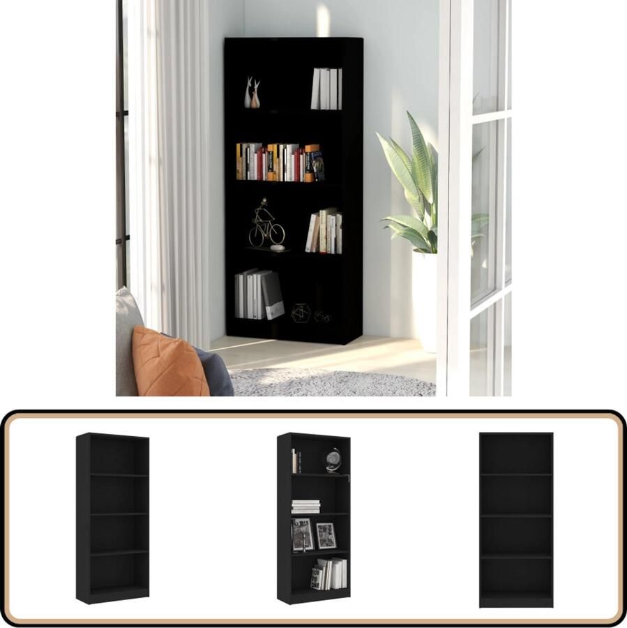 VidaXL Boekenkast 4 Schappen 60x24x142 cm Zwart Boekenkast Houten Boekenkast Zwarte Boekenkast Bibliotheek Opslagruimte Woonkamer Decoratie Slaapkamer Decoratie