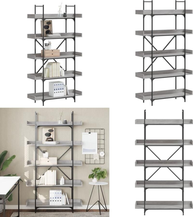 The Living Store Boekenkast 5-laags 100x33x180 5 cm bewerkt hout grijs sonoma Boekenkast Industrieel Design Houten Boekenkast Grijze Boekenkast Vintage Boekenkast