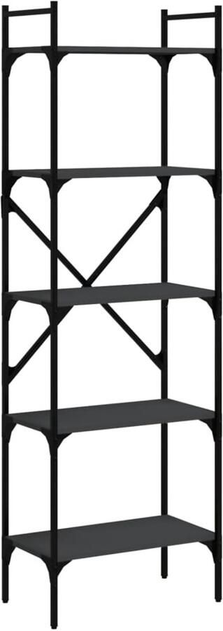 The Living Store Boekenkast naam 56x31.5x174 cm Zwart Bewerkt hout en metaal Montage vereist Boekenkast Houten Boekenkast Zwarte Boekenkast Industrieel Boekenkast Boekenplank - Foto 2