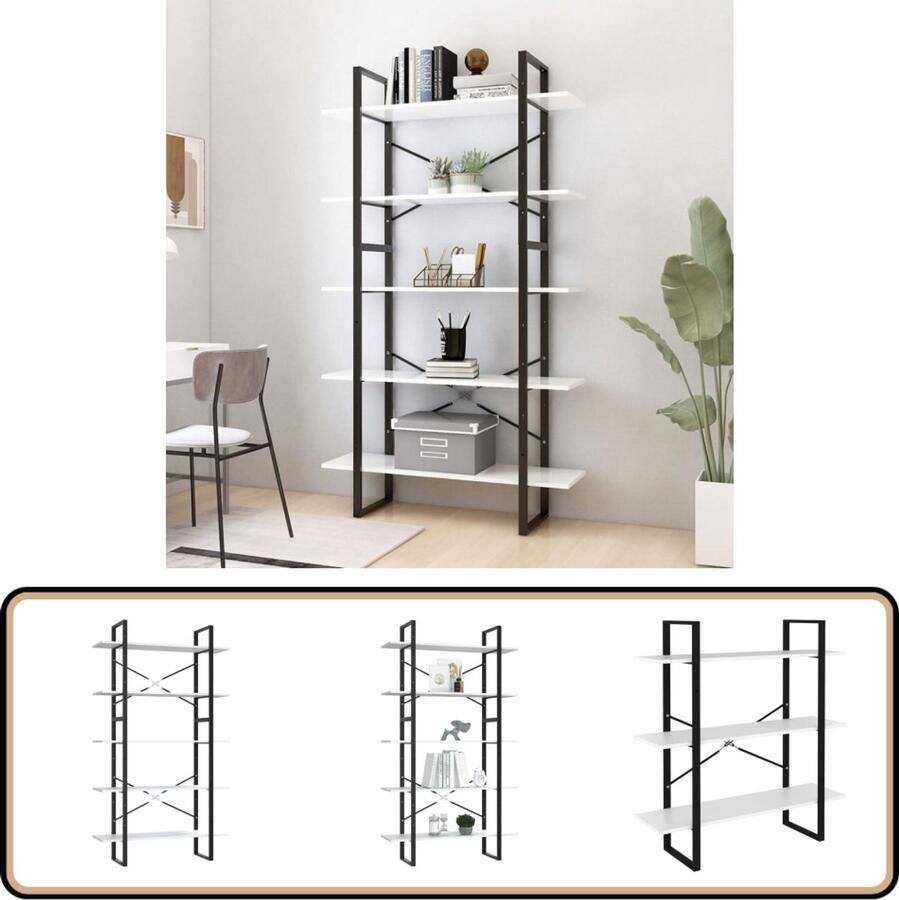 VidaXL Boekenkast 5 schappen 100x30x175 cm Wit Boekenkast Houten Boekenkast Witte Boekenkast Industrieel Design Bibliotheek