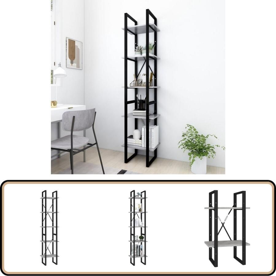 VidaXL Boekenkast 5 schappen 40x30x175 cm Betongrijs Bibliotheek Boekenkast Industrieel Design Beton Grijs Houten Boekenkast Metaalkast