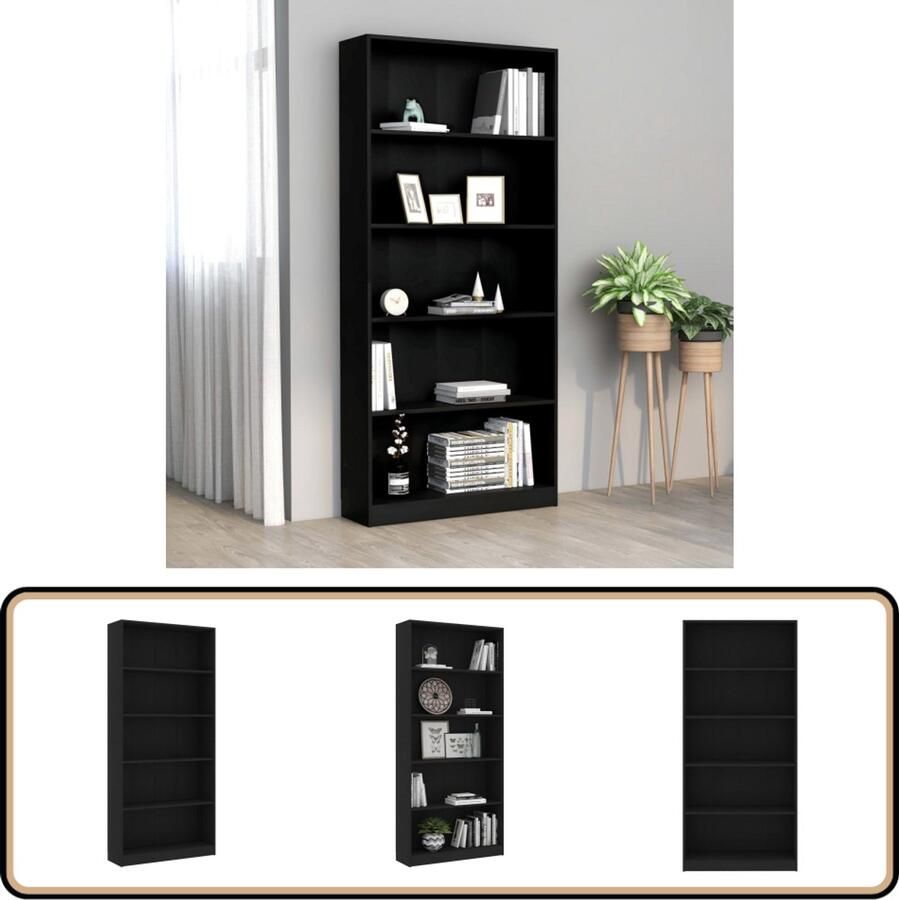 VidaXL Boekenkast 5 schappen 80x24x175 cm Zwart Boekenkast Bibliotheek Houten Boekenkast Zwarte Boekenkast Boekenplank Opslagmeubilair Woonkamerdecoratie Hallinrichting