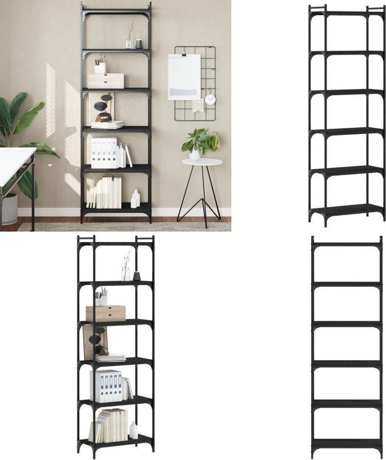 The Living Store Boekenkast 6-laags 60x30x188 cm bewerkt hout zwart Boekenkast Industrieel Design Houten Boekenkast Bibliotheekkast Opslagoplossing - Foto 3