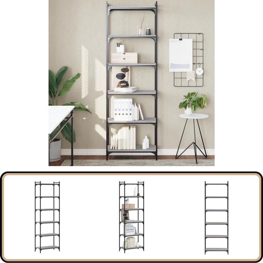 VidaXL Boekenkast 6-laags Grijs Sonoma 60x30x188 cm Boekenkast Houten Boekenkast Grijze Boekenkast Boekenplank Opslagoplossing Woonkamer Meubilair Industrieel Design Bibliotheek