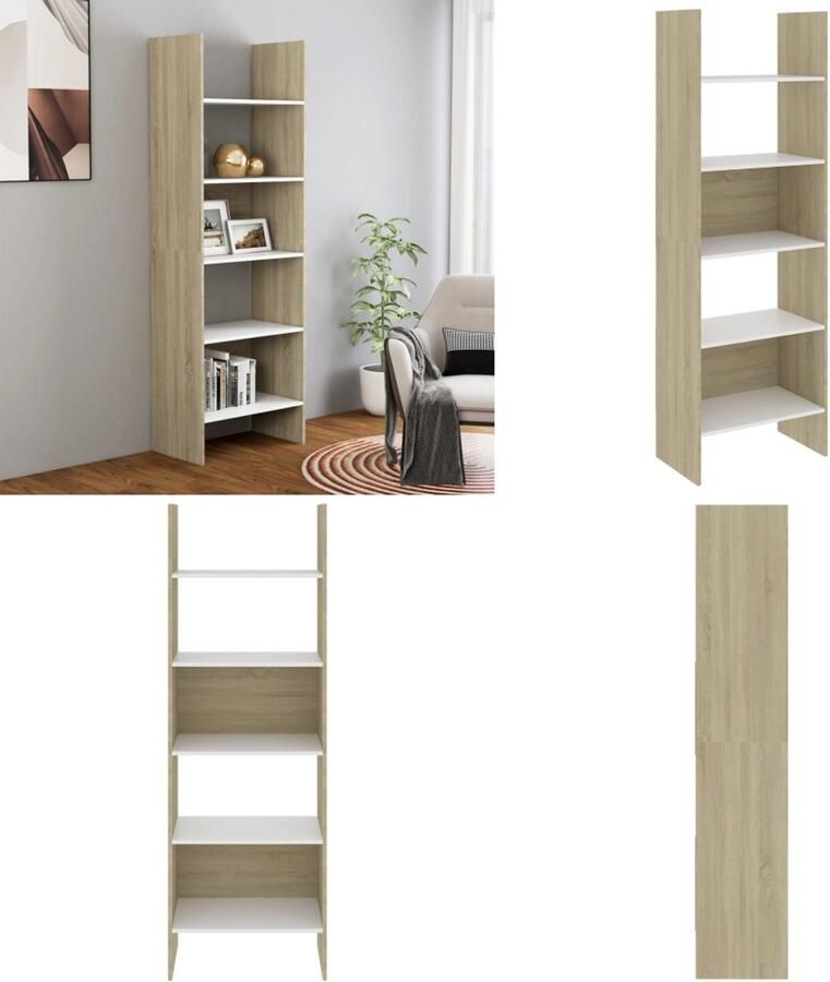 VidaXL Boekenkast 60x35x180 cm bewerkt hout wit en sonoma eikenkleurig Boekenkast Boekenkasten Boekenmeubel Boekenmeubels