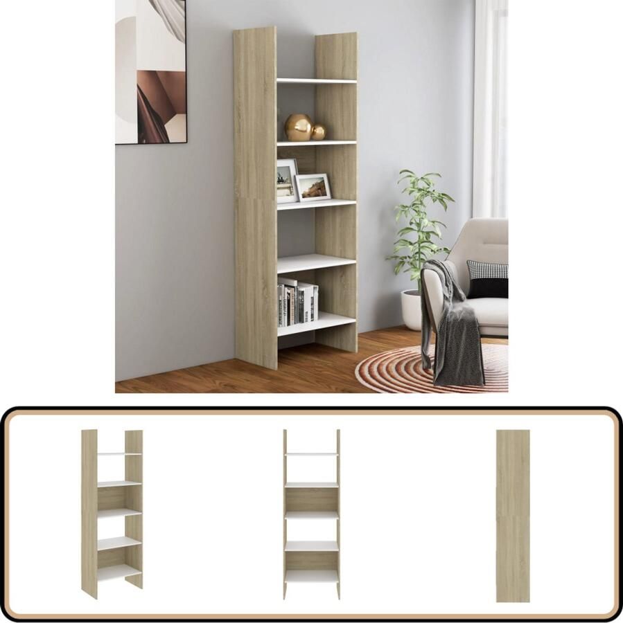 VidaXL Boekenkast 60x35x180 cm Wit en Sonoma Eiken Bibliotheek Boekenkast Opbergkast Houten Meubilair Witte Meubelen
