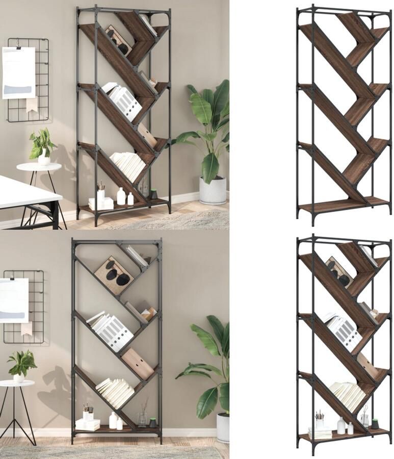 VidaXL Boekenkast 79x30x180 cm bewerkt hout en metaal bruin eiken Boekenkast Boekenkasten Boomvormig Boekenrek Boomvormige Boekenkast