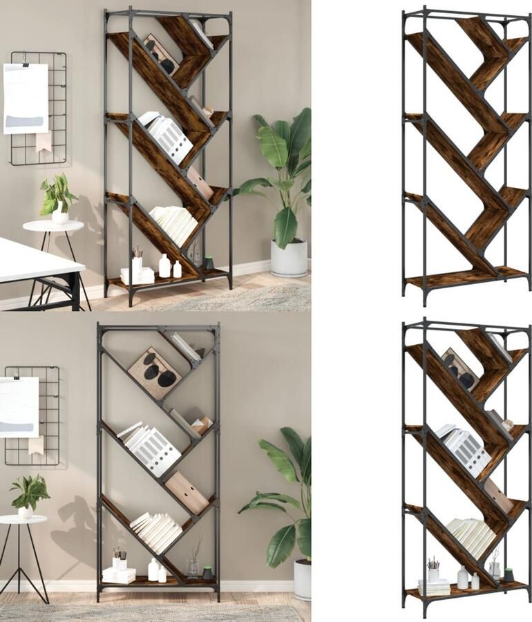 VidaXL Boekenkast 79x30x180 cm bewerkt hout en metaal gerookt eiken Boekenkast Boekenkasten Boomvormig Boekenrek Boomvormige Boekenkast