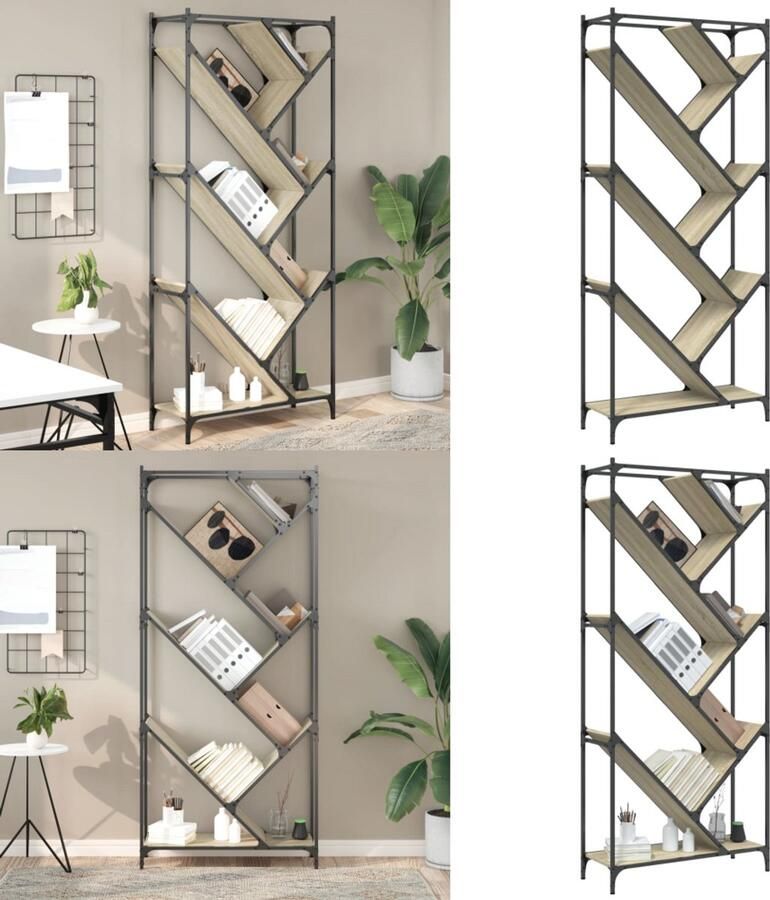 VidaXL Boekenkast 79x30x180 cm bewerkt hout en metaal sonoma eiken Boekenkast Boekenkasten Boomvormig Boekenrek Boomvormige Boekenkast