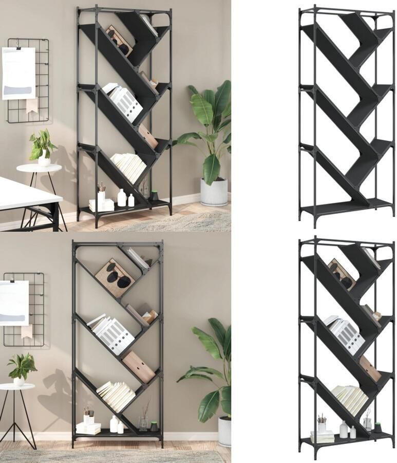 VidaXL Boekenkast 79x30x180 cm bewerkt hout en metaal zwart Boekenkast Boekenkasten Boomvormig Boekenrek Boomvormige Boekenkast