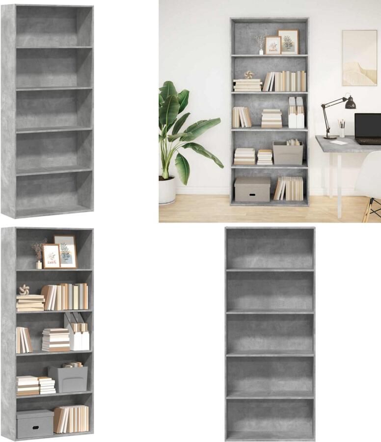 VidaXL Boekenkast 80x30x189 cm bewerkt hout betongrijs Boekenkast Boekenkasten Boeken Plank Schappenkast