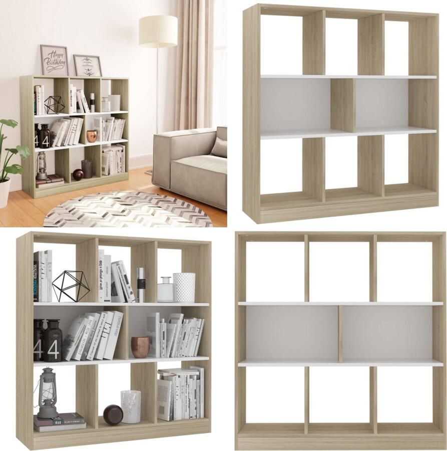 The Living Store Boekenkast 97 5x29 5x100 cm bewerkt hout wit en eikenkleurig Boekenkast Houten Boekenkast Bibliotheek Opslagmeubel Woonaccessoires - Foto 5