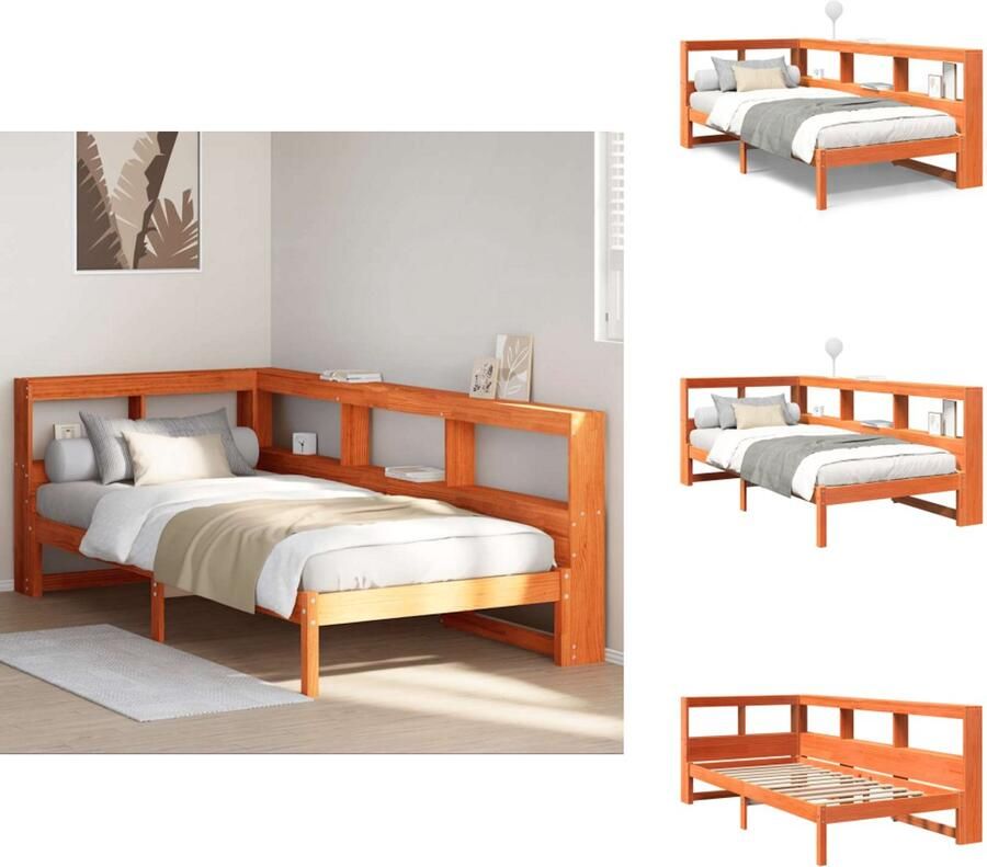 VidaXL Boekenkast Bed Boekenkast Bedden Bed Eenpersoonsbed Bed met boekenkast zonder matras grenenhout wasbruin 75x190 cm