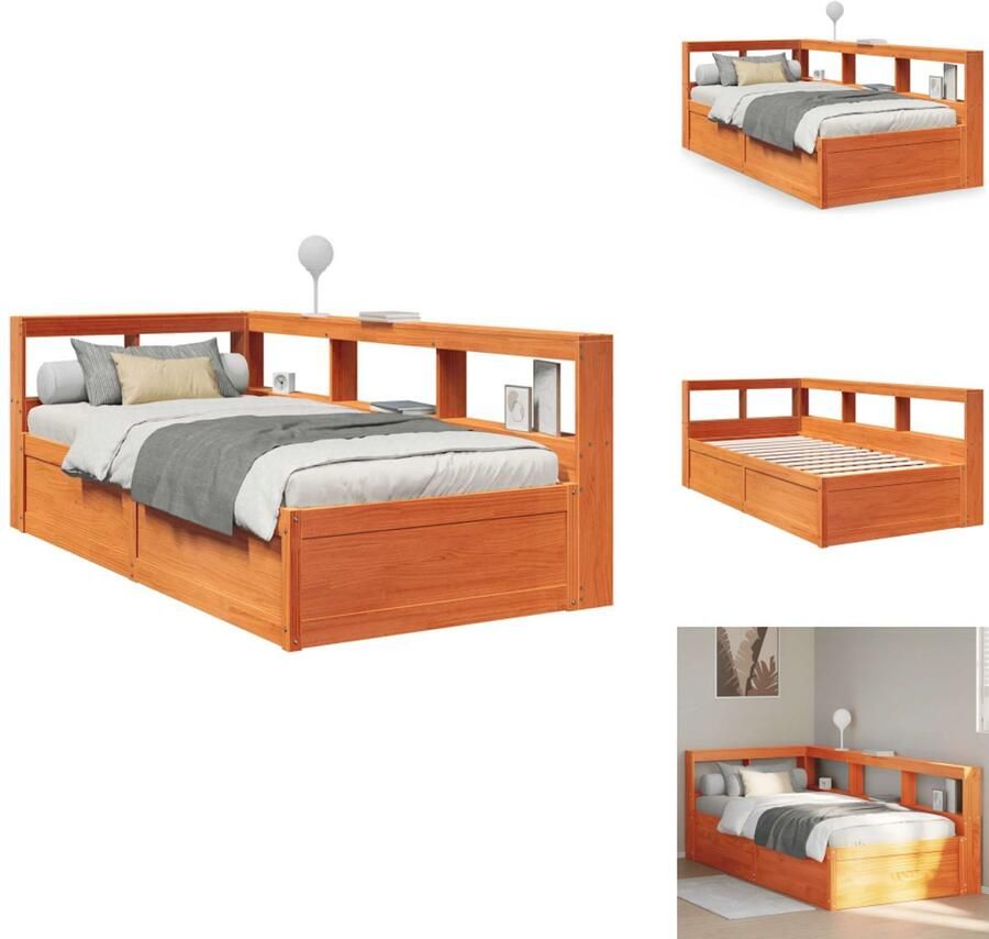 VidaXL Boekenkast Bed Boekenkast Bedden Bed Eenpersoonsbed Bed met boekenkast zonder matras grenenhout wasbruin 100x200 cm