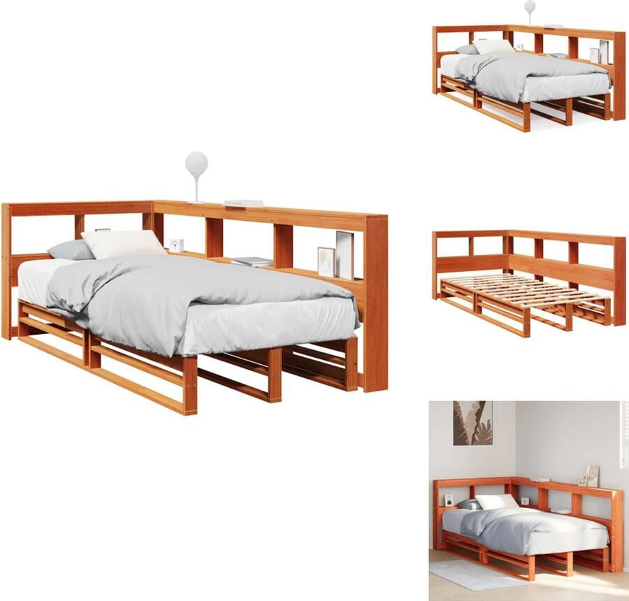 VidaXL Boekenkast Bed Boekenkast Bedden Bed Eenpersoonsbed Bed met boekenkast zonder matras grenenhout wasbruin 90x200 cm