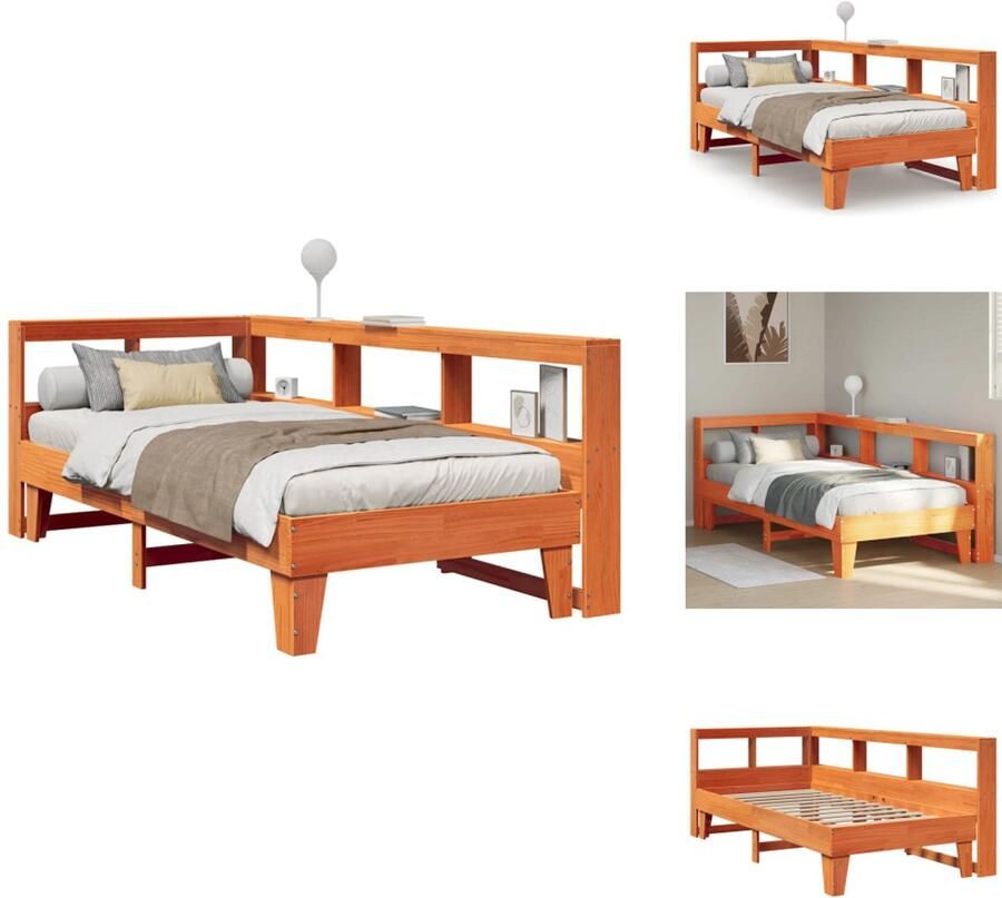 VidaXL Boekenkast Bed Boekenkast Bedden Bed Eenpersoonsbed Bed met boekenkast zonder matras grenenhout wasbruin 90x200 cm