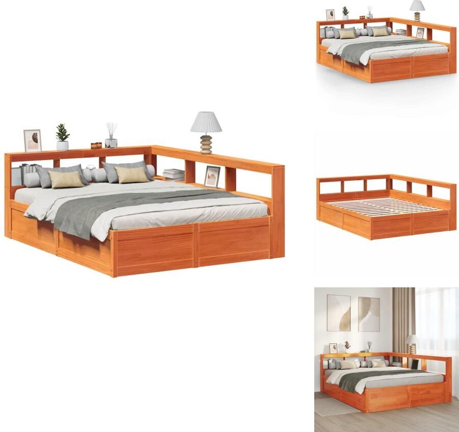 VidaXL Boekenkast Bed Boekenkast Bedden Bed Tweepersoonsbed Bed met boekenkast zonder matras grenenhout wasbruin 160x200 cm
