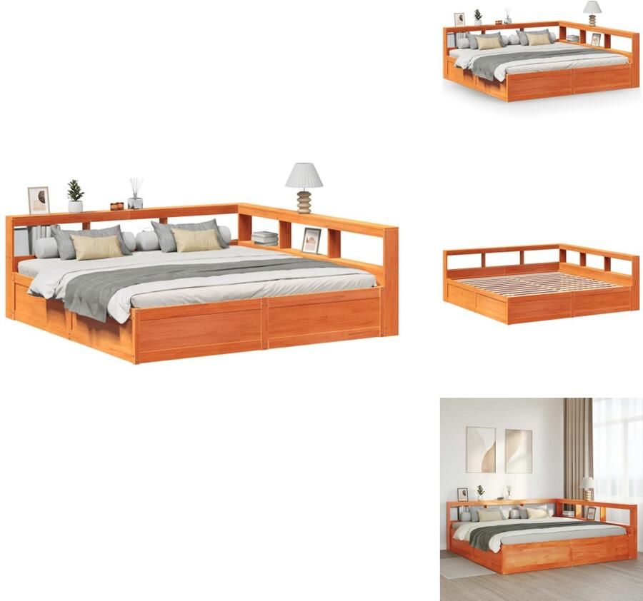 VidaXL Boekenkast Bed Boekenkast Bedden Bed Tweepersoonsbed Bed met boekenkast zonder matras grenenhout wasbruin 200x200 cm