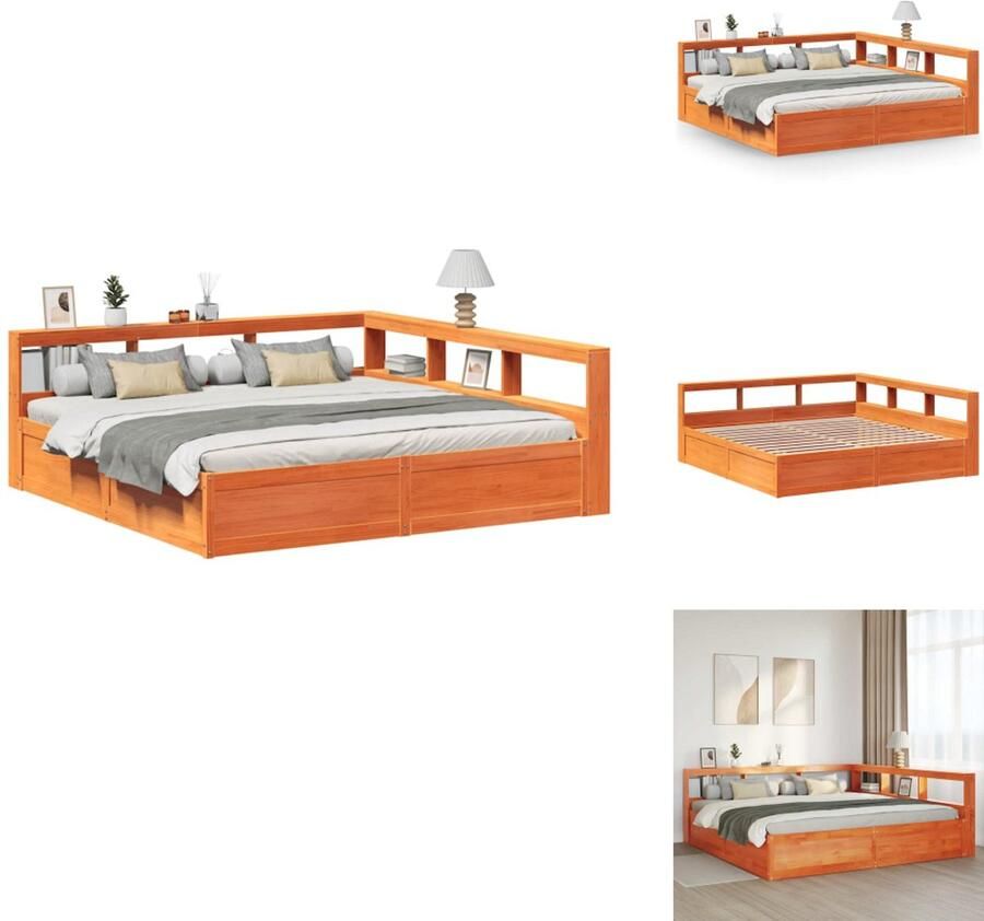 VidaXL Boekenkast Bed Boekenkast Bedden Bed Tweepersoonsbed Bed met boekenkast zonder matras grenenhout wasbruin 180x200 cm