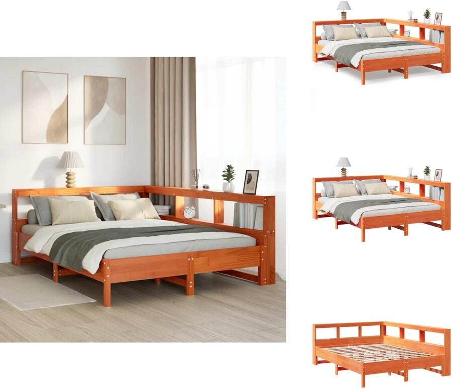 VidaXL Boekenkast Bed Boekenkast Bedden Bed Tweepersoonsbed Bed met boekenkast zonder matras grenenhout wasbruin 150x200 cm