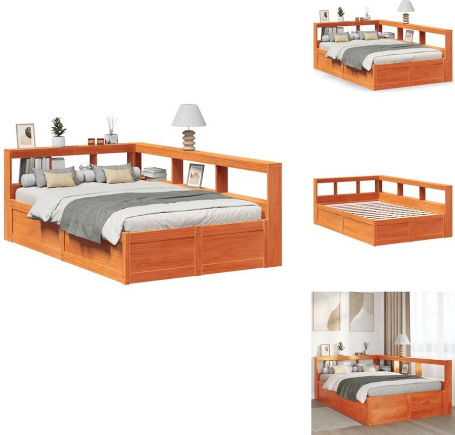 VidaXL Boekenkast Bed Boekenkast Bedden Bed Tweepersoonsbed Bed met boekenkast zonder matras grenenhout wasbruin 120x190 cm