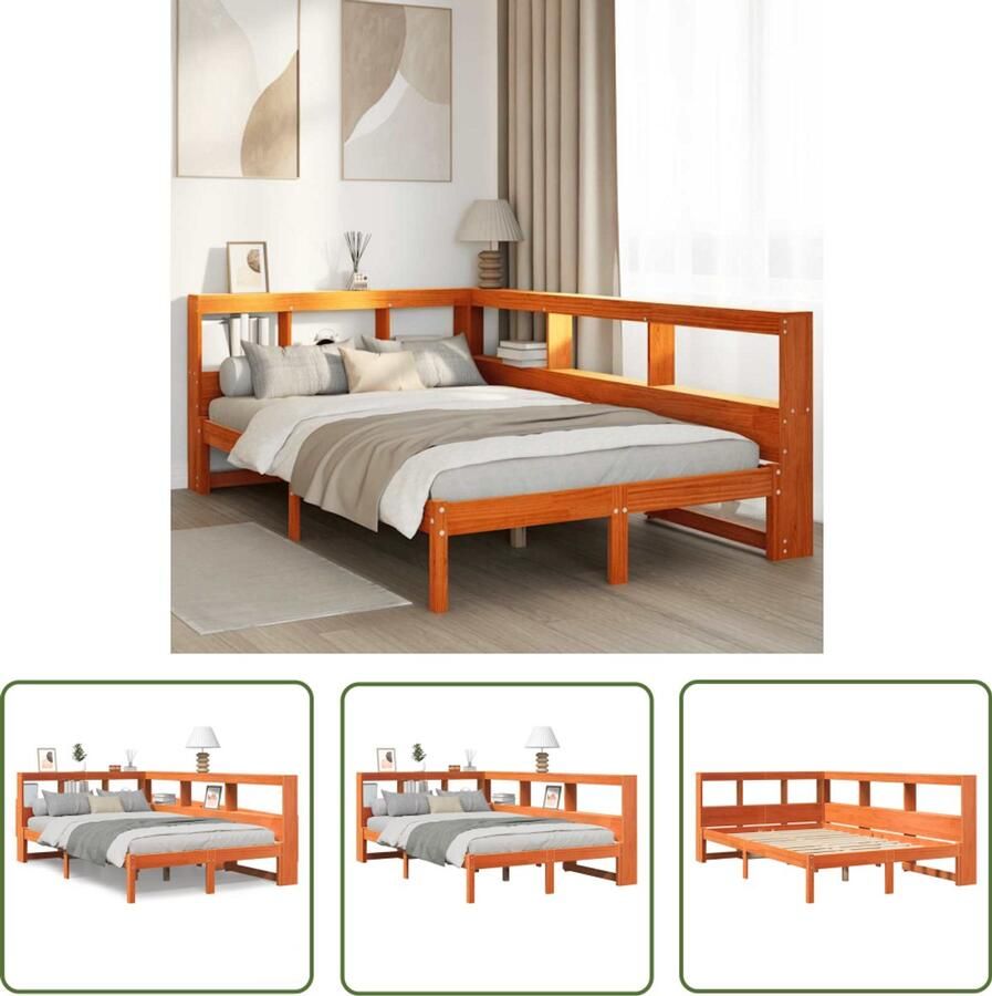 VidaXL Boekenkast Bed met boekenkast zonder matras grenenhout wasbruin 135x190 cm Houten Bed Slaapkamers Slaapcomfort