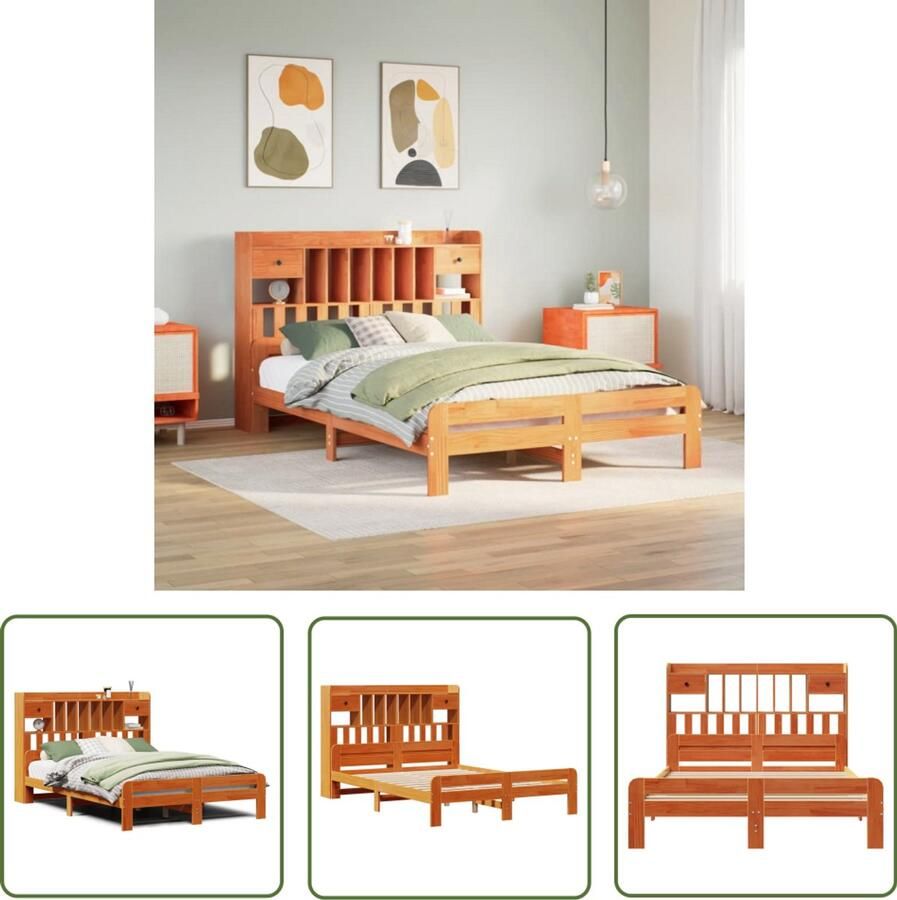 VidaXL Bed met boekenkast zonder matras grenenhout wasbruin 150x200 cm Bed Boekenkast Houten Bed Grenenhouten Bed Tweepersoonsbed