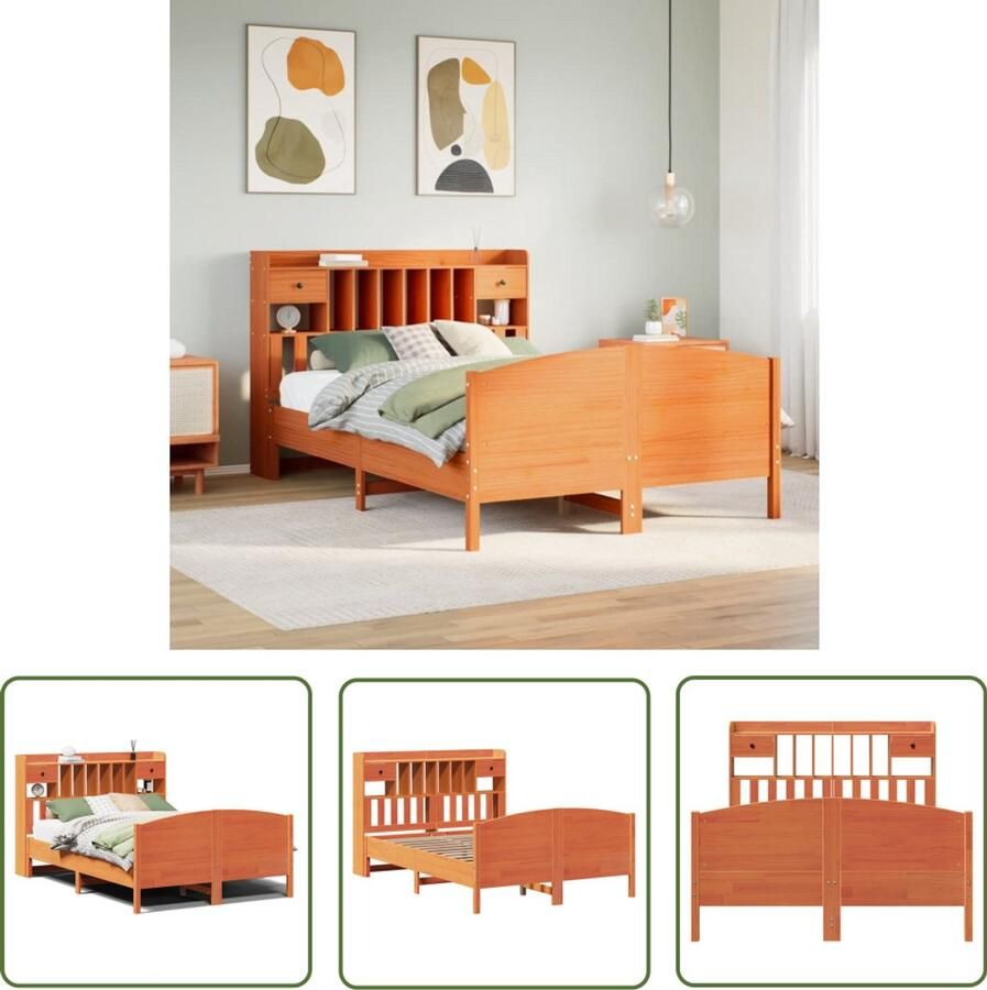 VidaXL Boekenkast Bed met boekenkast zonder matras grenenhout wasbruin 150x200 cm Houten Bed Grenenhouten Bed Tweepersoonsbed