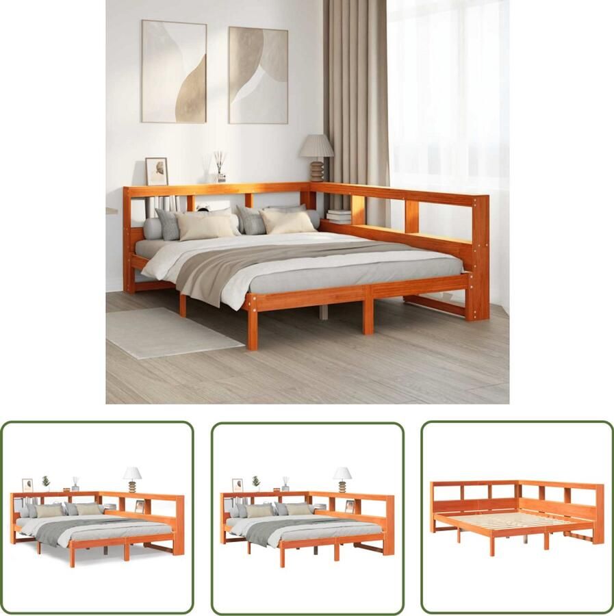 VidaXL Boekenkast Bed met boekenkast zonder matras grenenhout wasbruin 160x200 cm Houten Bed Slaapkamers Grenenhout