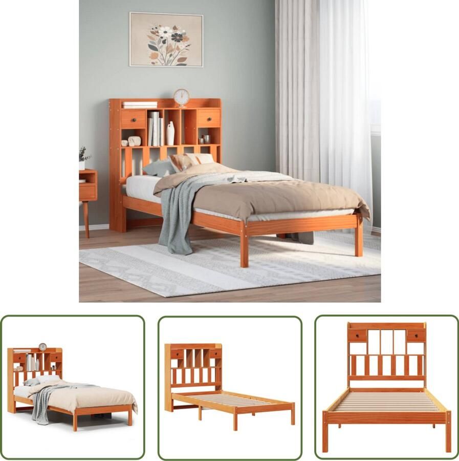 VidaXL Boekenkast Bed met boekenkast zonder matras grenenhout wasbruin 90x200 cm Houten Bed Grenenhout Bed Slaapkamers