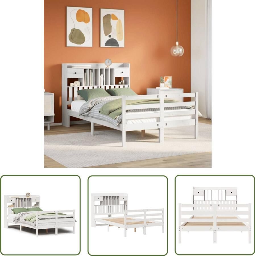 VidaXL Boekenkast Bed met boekenkast zonder matras grenenhout wit 135x190 cm Houten Bed Grenenhouten Bed Tweepersoonsbed